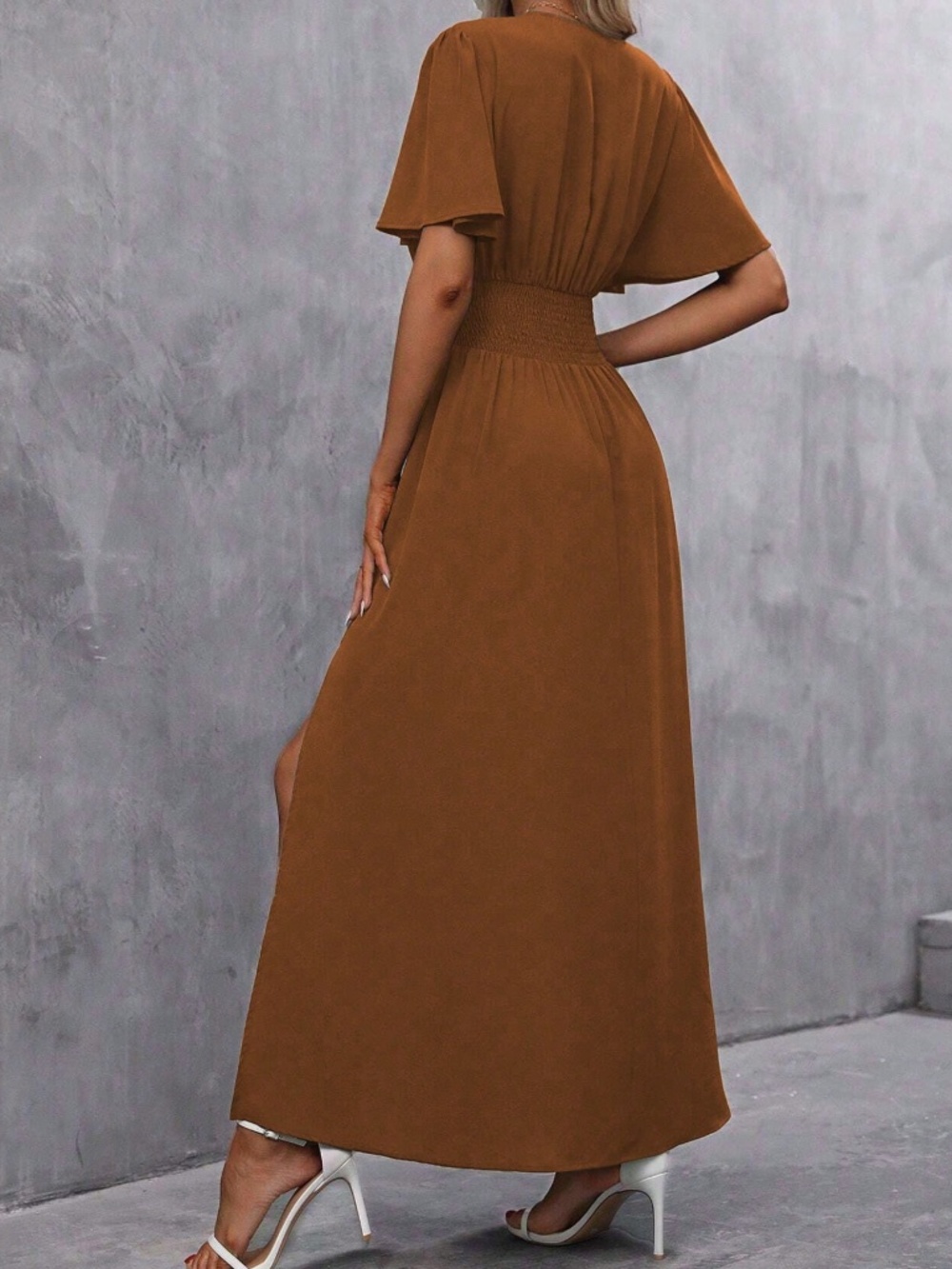 Luxe Rust Brown Surplice Butterfly Sleeve Shirred Waist Maxi Dress - Picture 2 of 4
